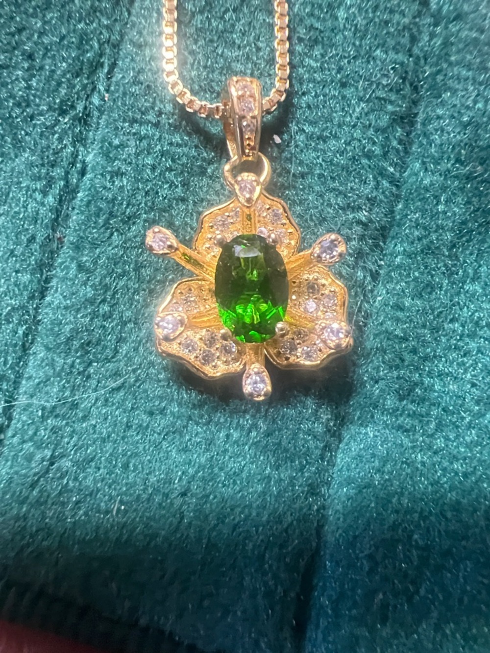 Gold Flower Pendant Necklace with Green peridot Center Gem